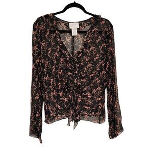 Vintage Y2K Silk Top Xl Black Floral Ruffled Lace Whimsigoth Dainty Fairy